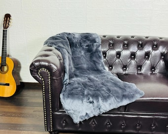 Real Rex Rabbit Grey Full Skin Fur Blanket Throw • Personalized  Handmade Fur Sofa Cover n Bedspread • Vintage Rabbit fur Throw Blanket