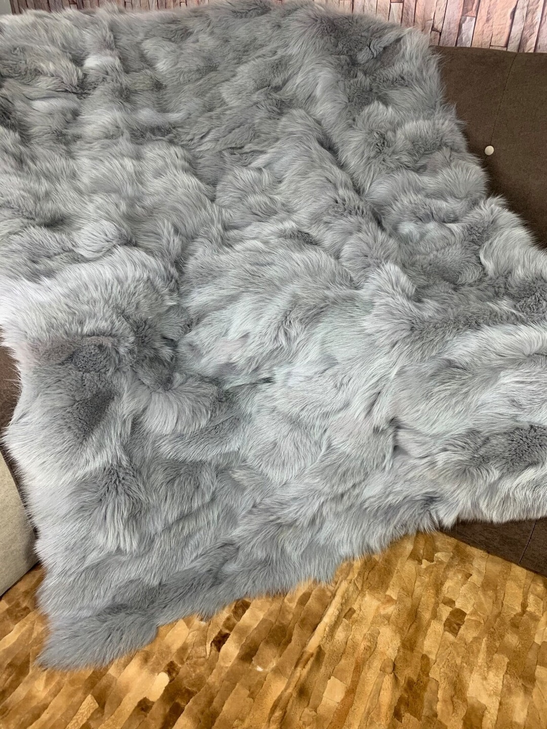 Real Grey Fur Blanket Personalized Fox Fur Blanket Throw Handmade