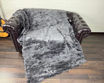 Elegant Rabbit Fur Blanket Throw Gray • Personalized Handmade Fur Sofa Cover n Bedspread • Vintage Rabbit fur Throw Blanket