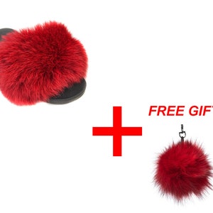 Fur slides, fur slides for women, fox fur slides, Fur keychain FREE Gift