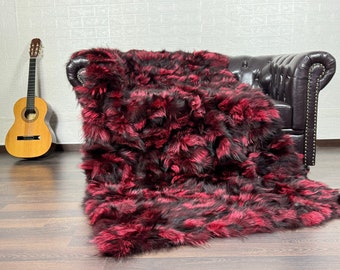 Luxurious DOUBLE SIDED Real Fox Fur Rug Black Red - Handcrafted Natural Fox Fur Throw for Home Decor - Organically ,Ethically Farmed Fox Fur