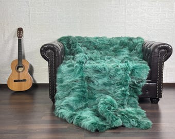 Fox fur real throw blanket green luxurious bedspread fox fur rug for living room and bed decor