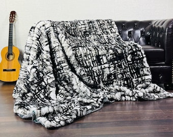 UNIQUE Rex RABBIT Full Skin Fur Blanket Throw Black White • Handmade Fur Sofa Cover n Bedspread • Vintage Rabbit fur Throw Blanket