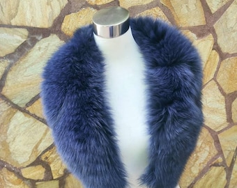 Elegant soft fox fur collar scarf blue, detachable fluffy fur wrap, luxury warm fur stole