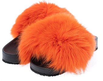 Fur slides, fur slippers, fox fur slides, fluffy slides