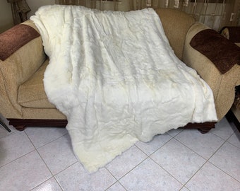 Real Rabbit Pelt Fur Blanket Throw White • Personalized Handmade Fur Sofa Cover n Bedspread • Vintage Rabbit fur Throw Blanket