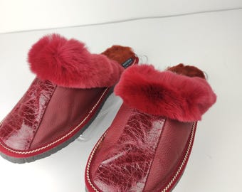 Fur Sheepskin Leather Slippers Red for Women • Cozy Warm House Wool Slippers  •  Handmade genuine leather slippers