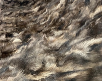 Real fox fur throw blanket with beige and brown pattern, elegant bedspread & fox fur rug for living room and bedroom design