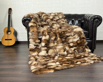 Real Crystal Fox Fur Throw • Personalized Genuine Fur Throw Rug • Housewarming Gift • Handmade Vintage Fur Throw for Living Room n Bedroom