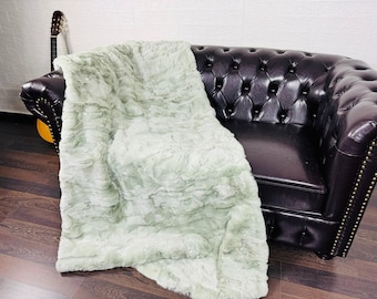 Real DOUBLE SIDED Rabbit Fur Blanket Throw Green • Personalized Handmade Fur Sofa Cover n Bedspread • Vintage Rabbit fur Throw Blanket
