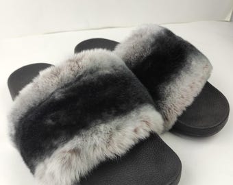 Fur slides, fur slippers, rabbit fur slides, fluffy slides