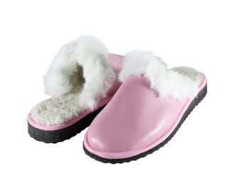 Fur Sheepskin Leather Slippers Pink for Women • Cozy Warm House Wool Slippers  •  Handmade genuine leather slippers