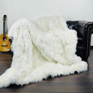 EXCLUSIVE DOUBLE SIDED Real Fox Fur Throw Blanket White • Large Area Rug  • Genuine Fur Rug  • Ethically and Organic Farmed Fox Fur