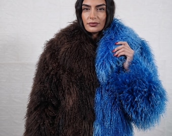 Mongolian sheepskin wool jacket dark brown blue two tone fluffy hip length coat