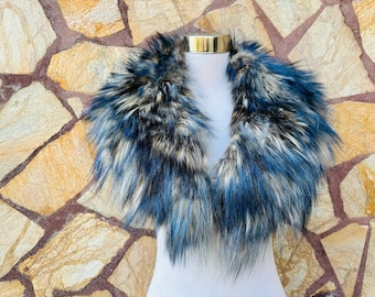Real Fox Fur Collar •  Genuine Fur Collar Blue Beige • Real Fur Scarf • Fur Wrap • Fur Shawl