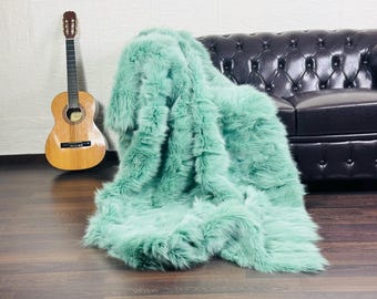 Luxury Real Green Fur Blanket • Personalized Fox Fur Blanket Throw • Handmade Genuine Fur Blanket • Fur Bedspread
