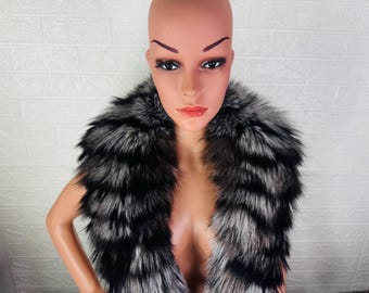 Black Silver fox fur collar scarf, detachable winter neckwarmer, fur stole wrap, gift for her