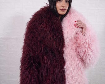 Mongolian sheepskin wool jacket burgundy pink two tone fluffy hip length coat women