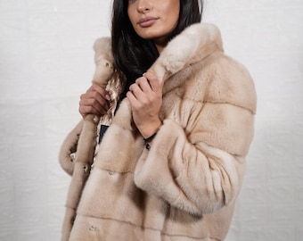 Mink fur jacket pastel natural collared - luxurious winter coat