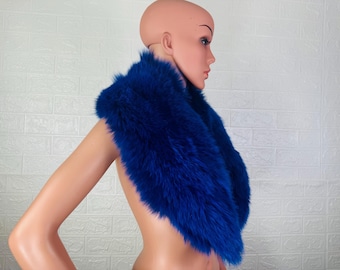 Gorgeous fox fur collar scarf blue, handmade warm fur stole, elegant soft fur wrap