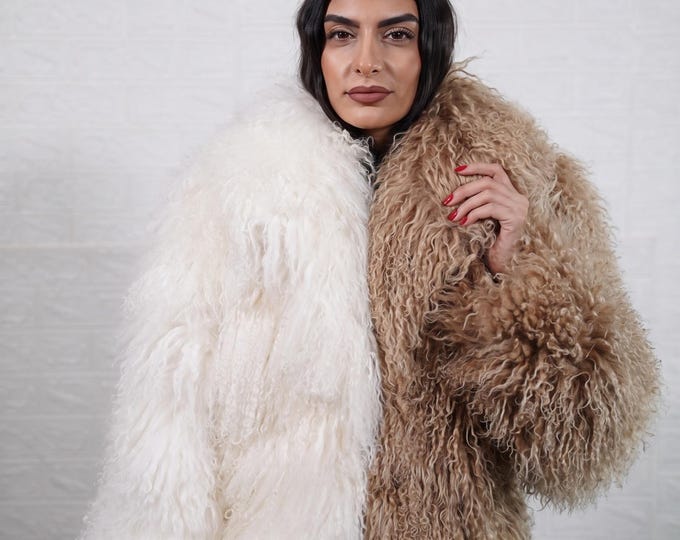 Featured listing image: Mongolian sheepskin wool jacket white light brown two tone fluffy hip length coat women