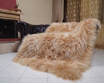 Mongolian sheepskin throw blanket camel brown fluffy wool luxury sofa accent gift