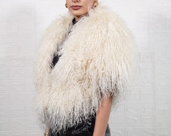 Mongolian sheepskin fur collar etol cream beige fluffy wool luxury winter wrap