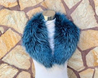 LUXURY Real Fox Pelt Fur Collar •  Genuine Fur Collar Blue Black • Real Fur Scarf • Fur Wrap • Fur Shawl
