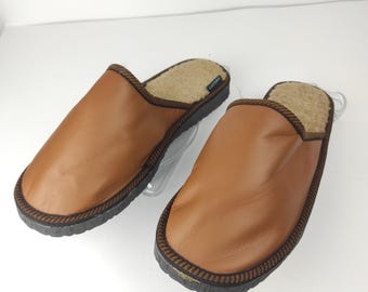 Fur Sheepskin Leather Slippers Brown for Men • Cozy Warm House Wool Slippers  •  Handmade genuine leather slippers