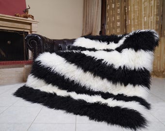 Mongolian sheepskin throw blanket black white stripes fluffy wool luxury sofa accent