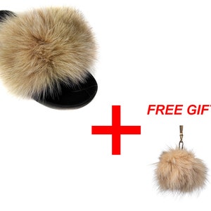 Fur slides, fur slides for women, fox fur slides, Fur keychain FREE Gift