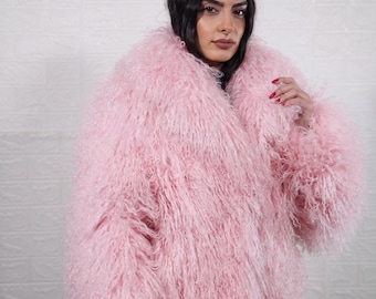 Mongolian sheepskin jacket pink fluffy wool hip length luxury winter women outfit