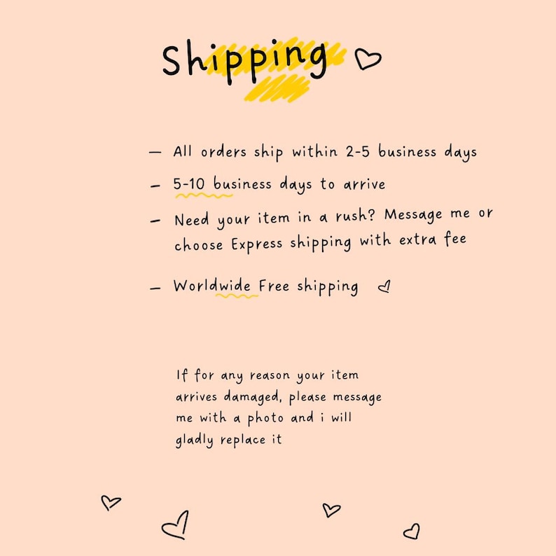 May include: A handwritten note on a peach background with the word "Shipping" in black, highlighted with yellow. The note includes details about shipping times, rush orders, and damage replacements.