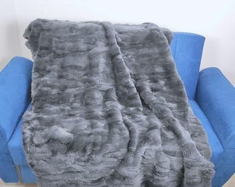 Real Rex Gray Rabbit Fur Blanket Throw •  Personalized  Handmade Fur Sofa Cover n Bedspread • Vintage Rabbit Fur Throw Blanket