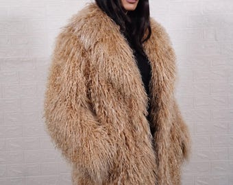 Mongolian sheepskin wool coat camel brown long knee length heavy fluffy overcoat