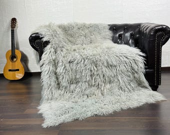 Real Gray Sheepskin Mongolian Throw Blanket - Luxurious Fur Blanket for Home Decor