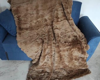 Real  Brown Rex Rabbit Fur Blanket Throw • Personalized Housewarming Gift Sofa Cover n Bedspread •  Handmade Genuine Fur