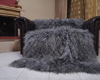 Mongolian sheepskin throw blanket gray fluffy wool luxury sofa accent gift