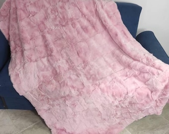 Real Pink Rex Rabbit Fur Blanket Throw • Personalized Housewarming Gift Sofa Cover n Bedspread •  Handmade Genuine Fur