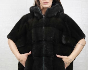 Mink fur cape dark green jacket with hood premium winter fashion fur coat for women fur wrap gift for her