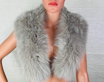 Elegant gray soft fox fur collar scarf, detachable fluffy fur wrap, luxury warm fur stole