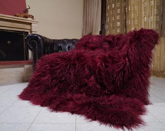 Mongolian sheepskin wool blanket red burgundy fluffy throw rich wine home decor