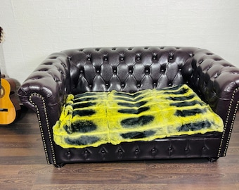 Real DOUBLE SIDED Yellow Black Full Skin Rex Rabbit Fur Blanket Throw • Handmade Fur Sofa Cover n Bedspread • Vintage Rabbit fur Throw