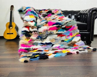 Luxurious DOUBLE SIDED Real Fox Fur Rug Colorful - Handcrafted Natural Fox Fur Throw for Home Decor - Organically and Ethically Farmed Fox