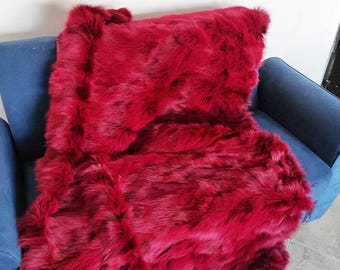 Red Real fox fur throw blanket, elegant bedspread & fox fur rug for living room and bedroom design, ethically and organically farmed fox