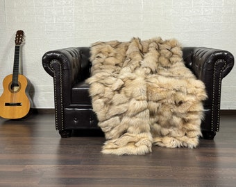Real Beige Fox Fur Blanket Throw • Personalized Fox Blanket  • Genuine Fur House Decor • Fur Bedspread n Sofa Cover