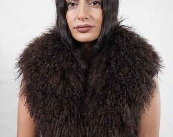 Mongolian sheepskin fur collar dark brown fluffy wool luxury winter accessory women