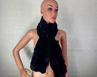 Luxurious Black Rabbit Fur Scarf - Soft Winter Wrap - Elegant and Luxurious Cold