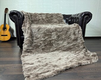 Real DOUBLE SIDED Rabbit Fur Blanket Throw Brown • Personalized Handmade Fur Sofa Cover n Bedspread • Vintage Rabbit fur Throw Blanket
