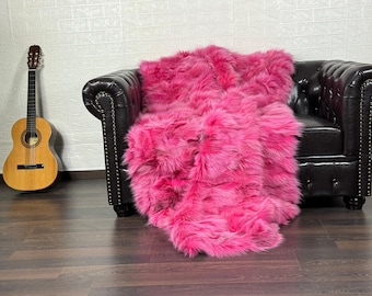 Luxe fox fur throw blanket fuchsia, Personalized genuine handcrafted warmth for home, Organically and ethically farmed fox fur